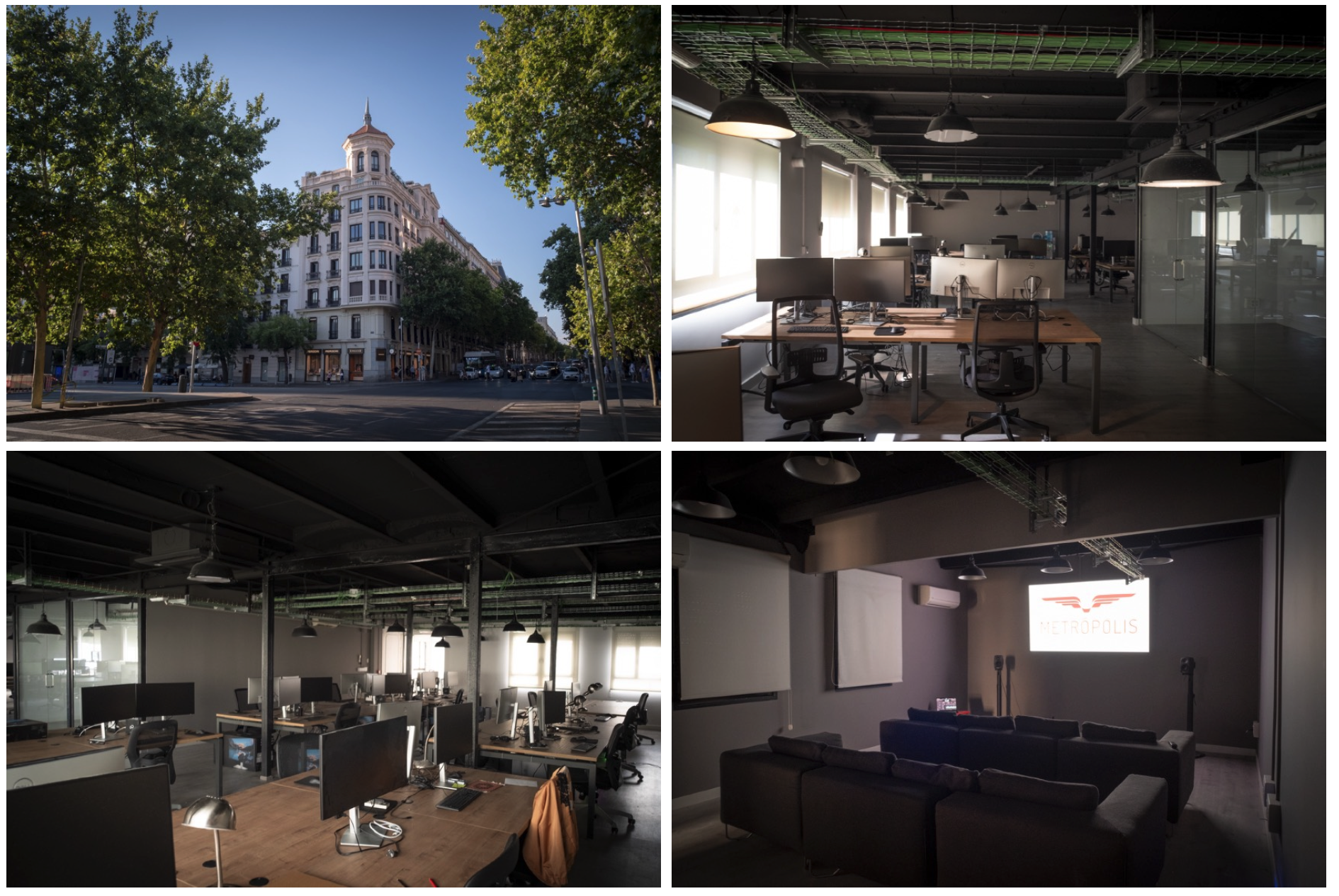 METRÓPOLIS studio in Madrid — building exterior, workspaces, and screening room